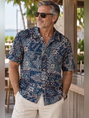Men's XL 100% Silk Burma Bibas Blue Patterned Shirt